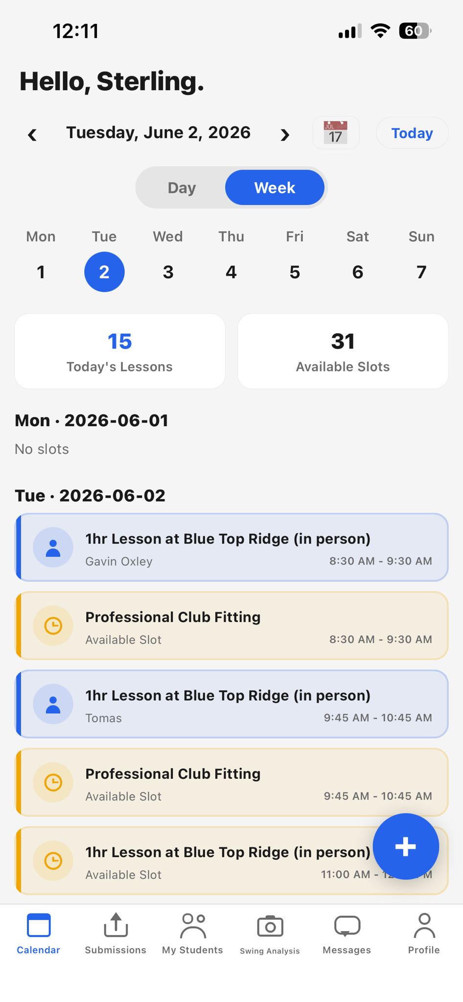 Instructor mobile calendar